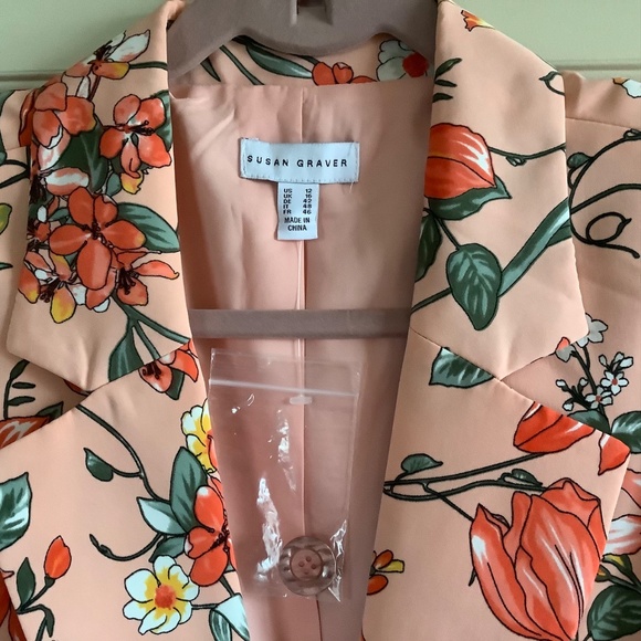Susan Graver Printed Blazer with Ruched Sleeves Peach Floral SZ 12 - Picture 2 of 16
